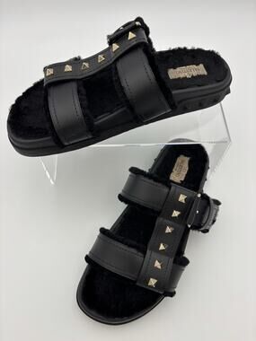 Authentic Valentino Rockstud Fur Lined Slides Dad Sandals Black Leather Size 38